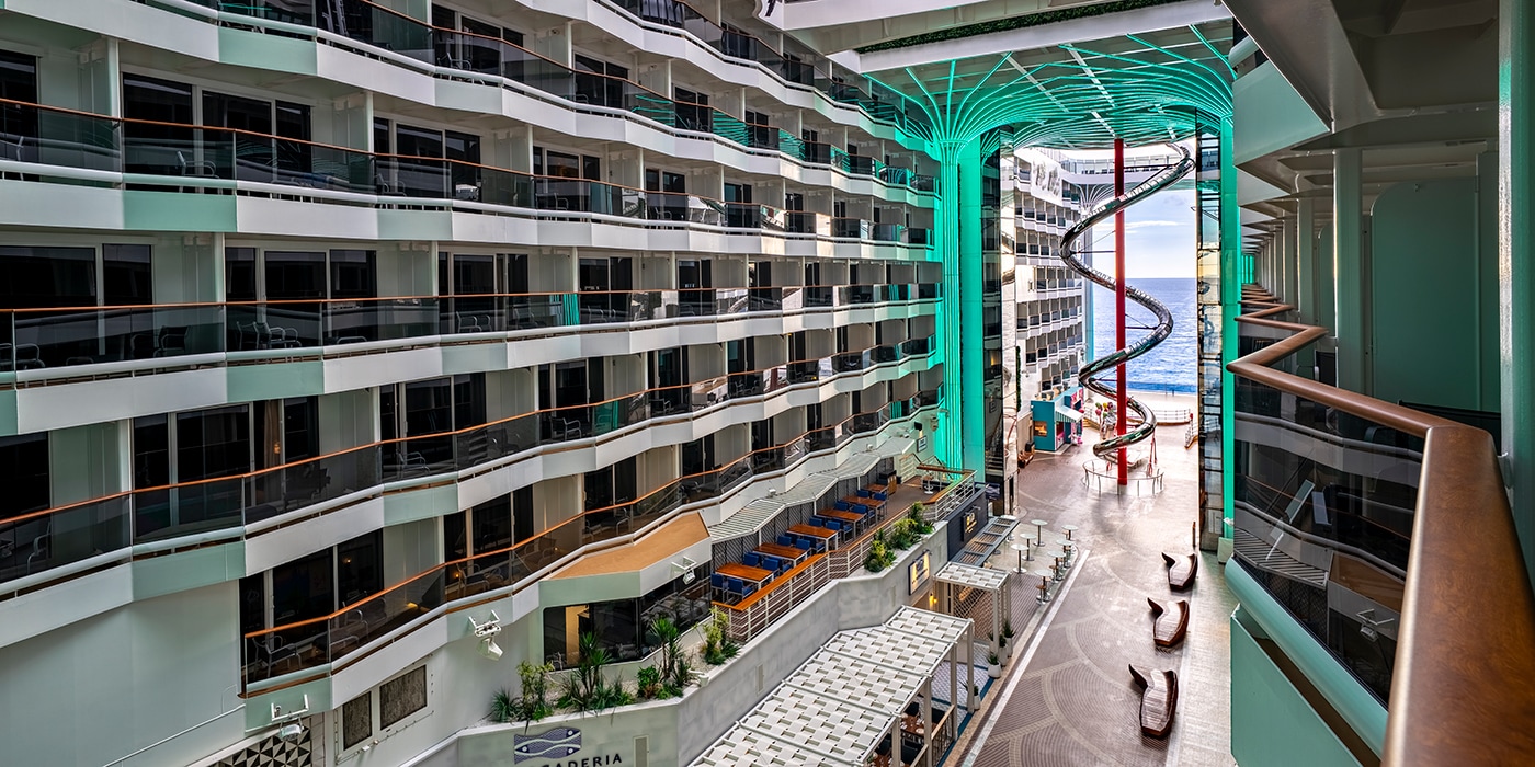 Open-air World Promenade and spiral slide aboard MSC World Europa