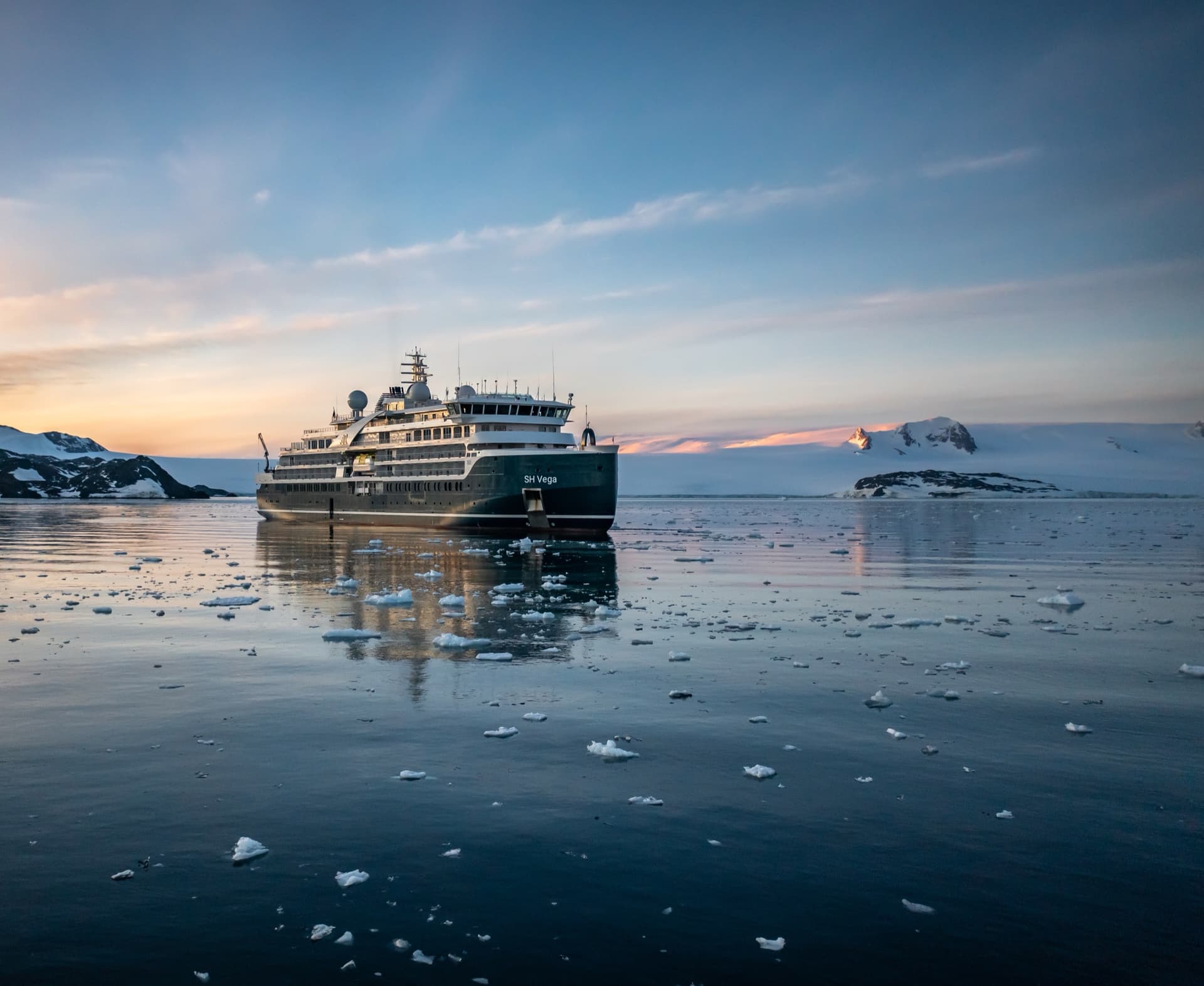 SH Vega expedition ship surrounded by floating ice